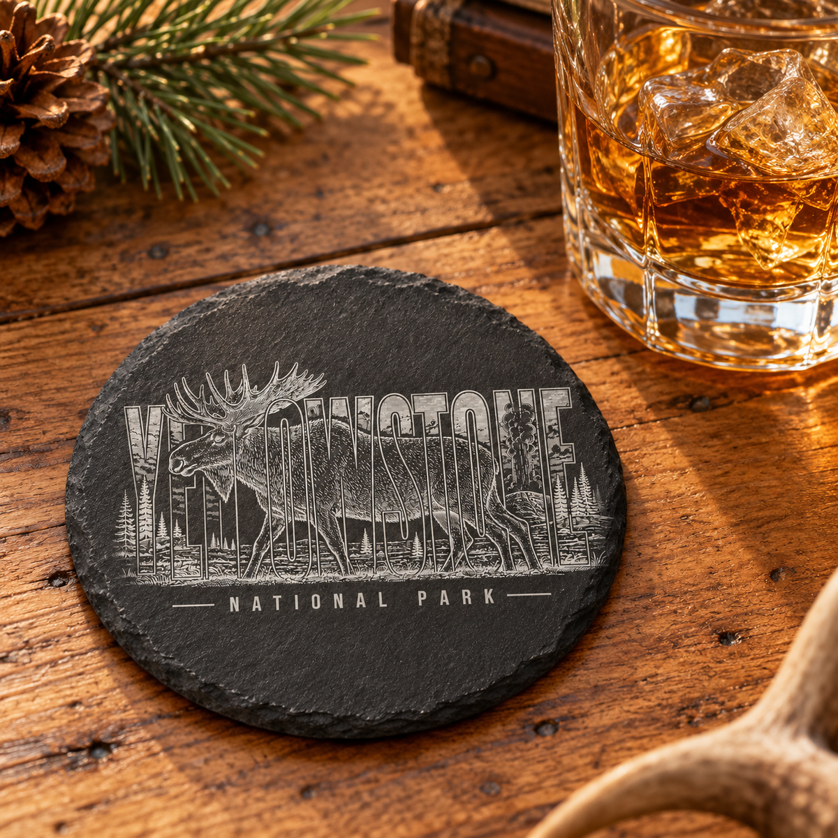 Yellowstone Moose round slate coaster — lodge lifestyle