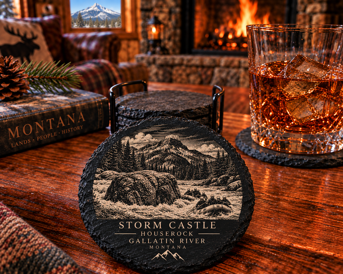 Storm Castle Houserock Gallatin River Montana engraved slate coaster