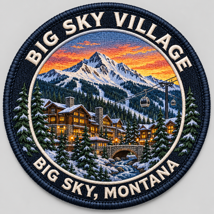Approved Big Sky Village 2.5 inch round UV-printed embroidered-look patch design
