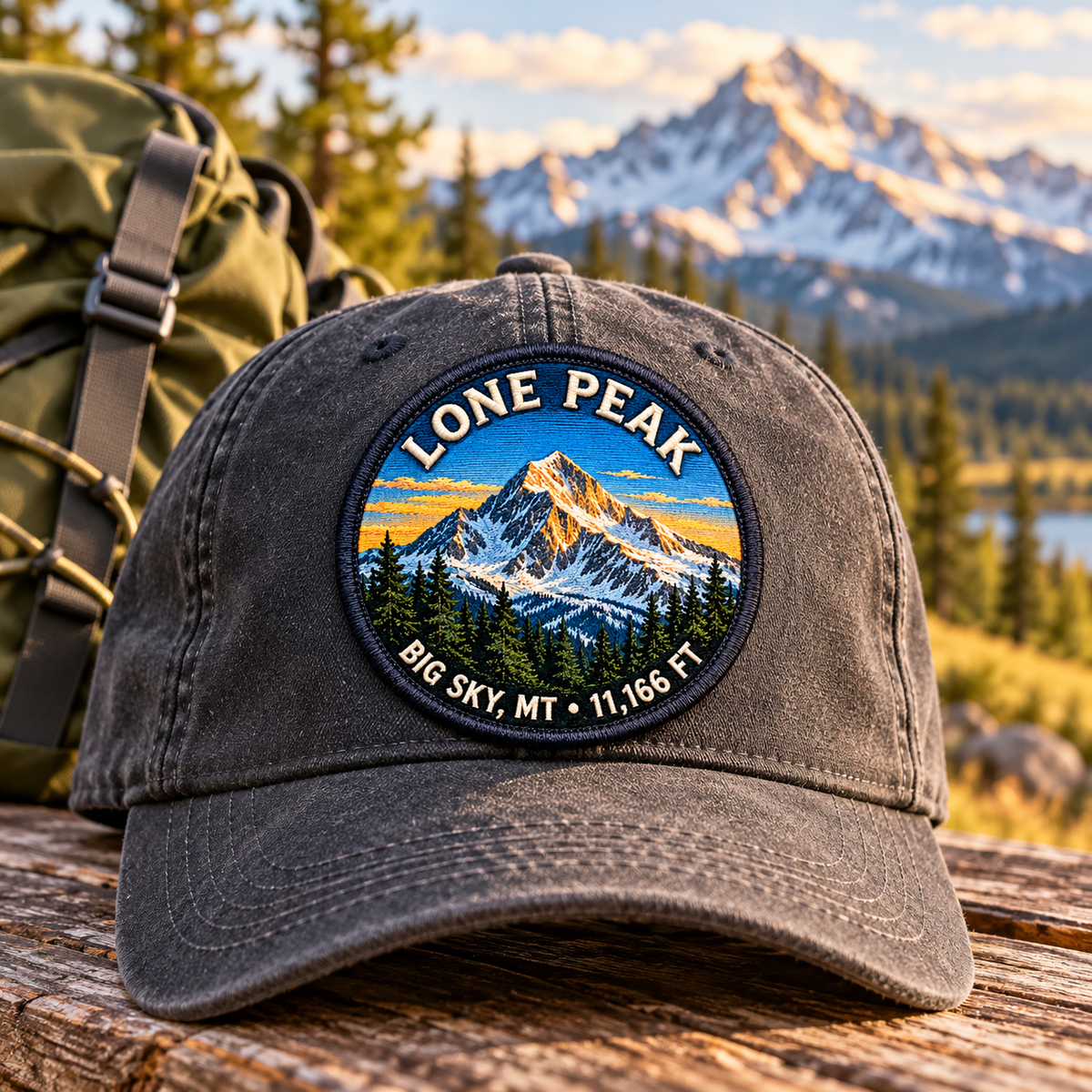 Big Sky Signature Mountain UV printed embroidered-look patch on a cap alongside a backpack; accessories not included
