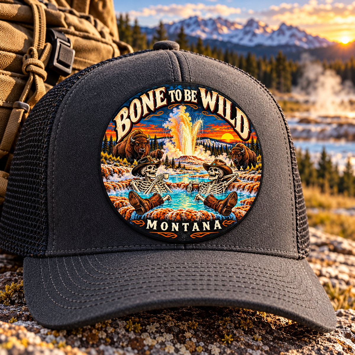Bone to Be Wild 2-inch round patch on trucker cap