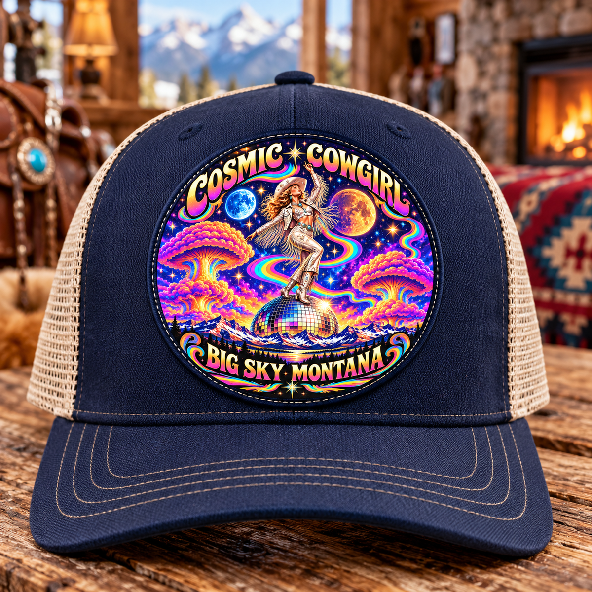 Cosmic Cowgirl 2-inch round UV printed patch on navy cap