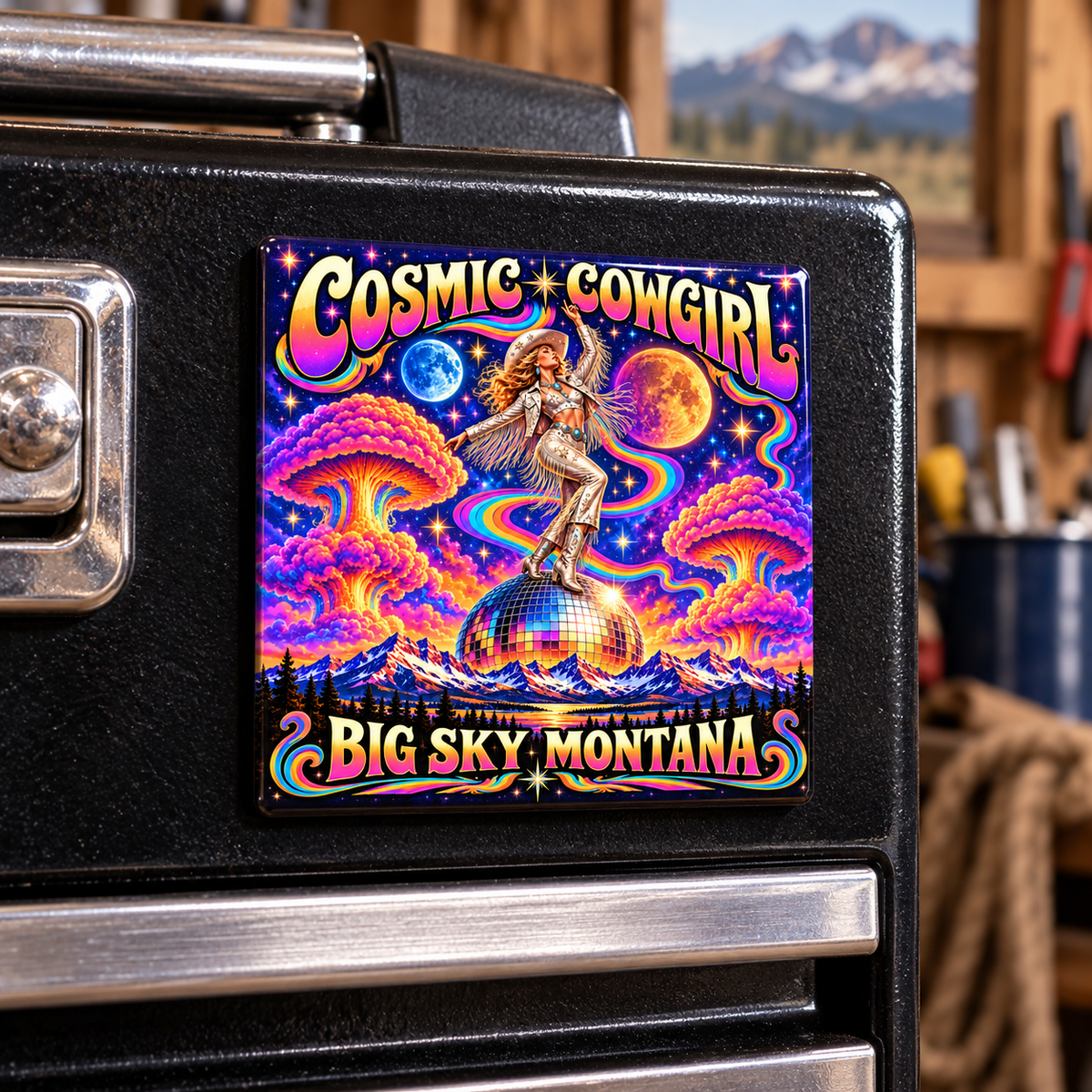Cosmic Cowgirl square magnet on black metal toolbox