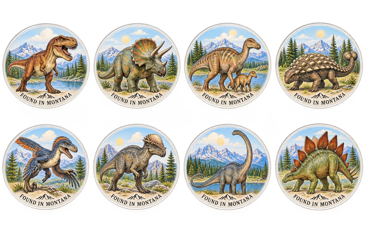 Eight Montana dinosaur designs — collection artwork reference