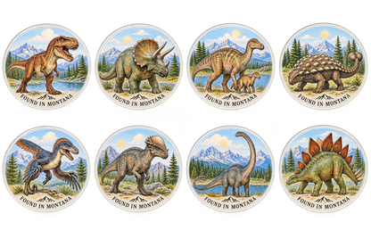 Eight Montana dinosaur designs — collection artwork reference