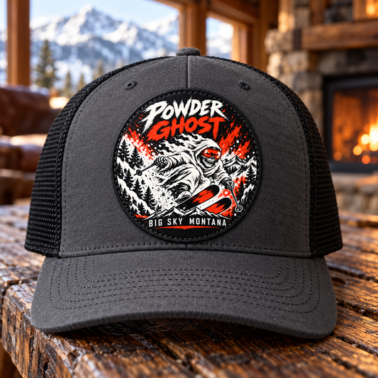 Powder Ghost two-inch round UV printed patch on charcoal cap