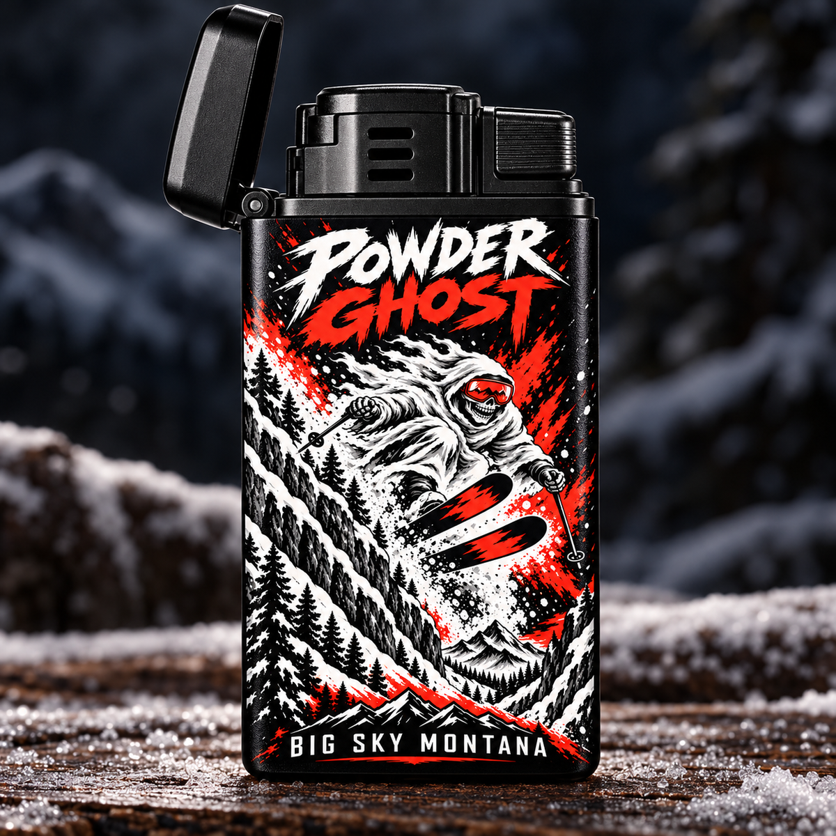 Powder Ghost Big Sky Montana torch lighter visualization; verify actual blank before sale