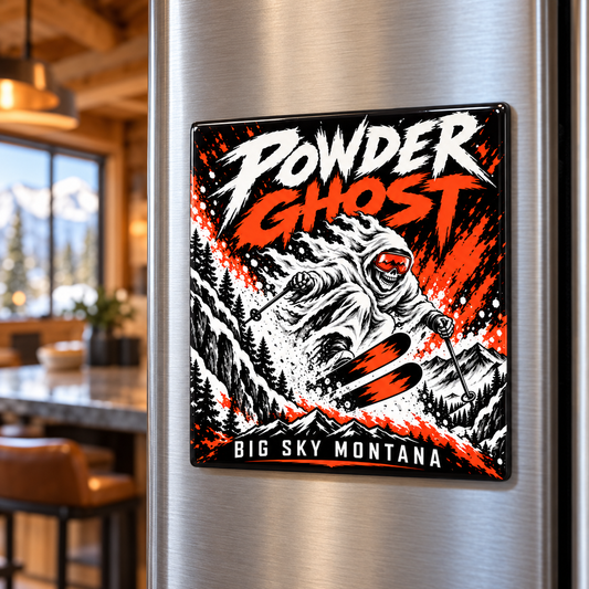 Powder Ghost 2-inch square Big Sky Montana magnet on a refrigerator
