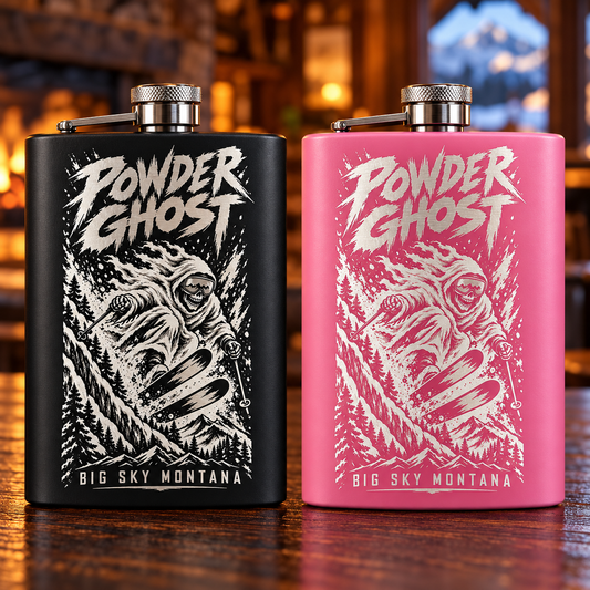 Powder Ghost laser engraved 6 oz matte black and matte pink stainless flasks