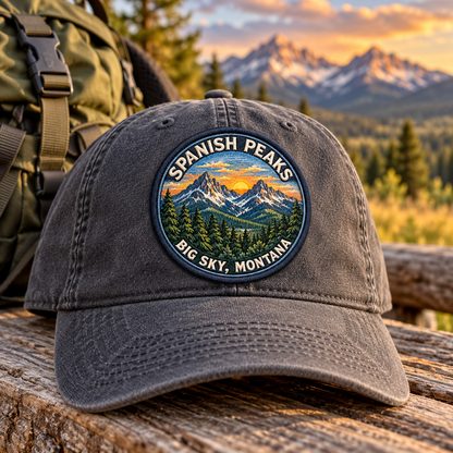 Spanish Peaks 2.5 inch UV printed patch shown on a cap beside a backpack; cap and backpack not included