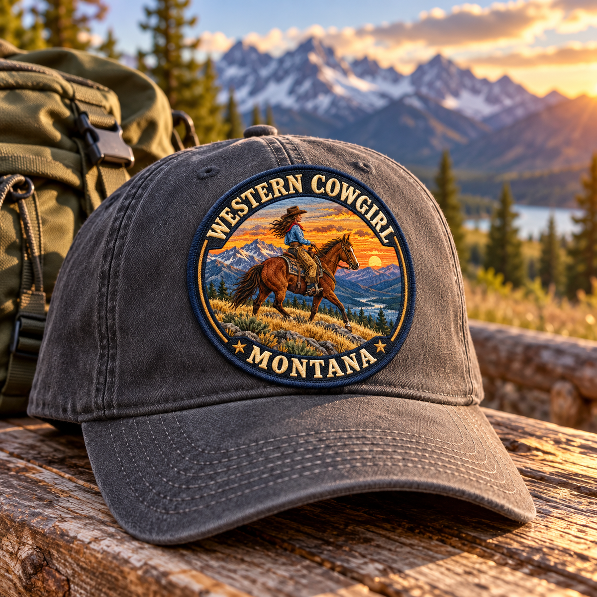 Western Cowgirl Ridge UV printed embroidered-look patch on a cap alongside a backpack; accessories not included
