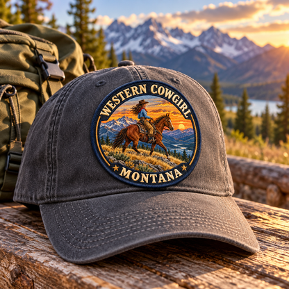 Western Cowgirl Ridge UV printed embroidered-look patch on a cap alongside a backpack; accessories not included