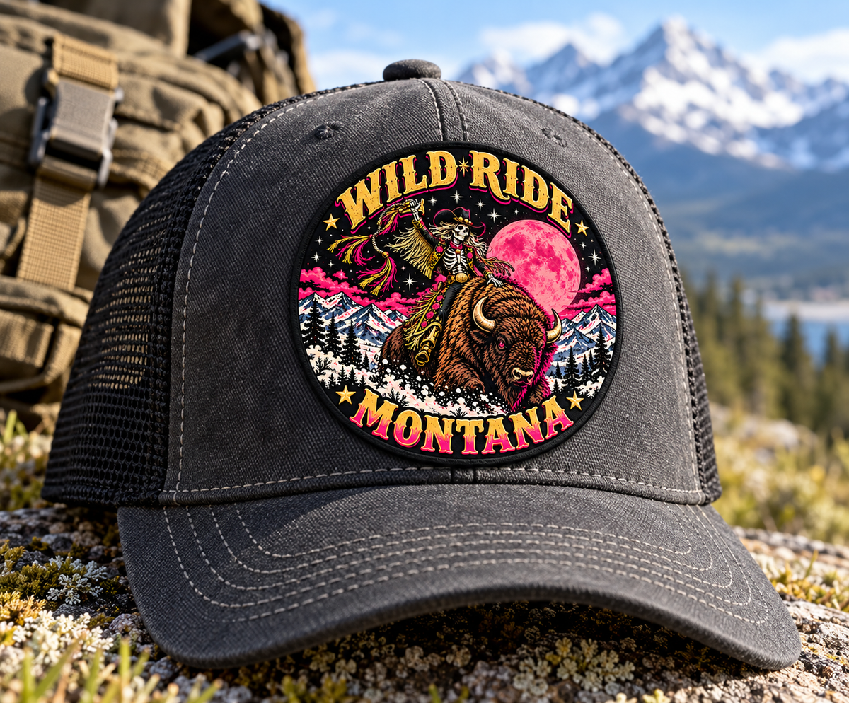 Wild Ride Montana round patch on charcoal cap