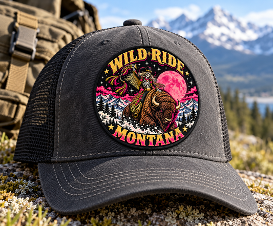 Wild Ride Montana round patch on charcoal cap