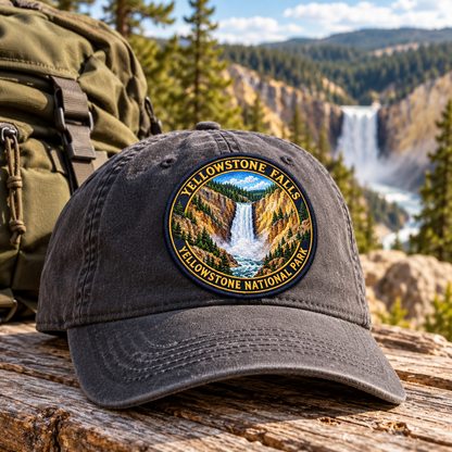 Yellowstone Falls UV printed embroidered-look patch on a cap alongside a backpack; accessories not included