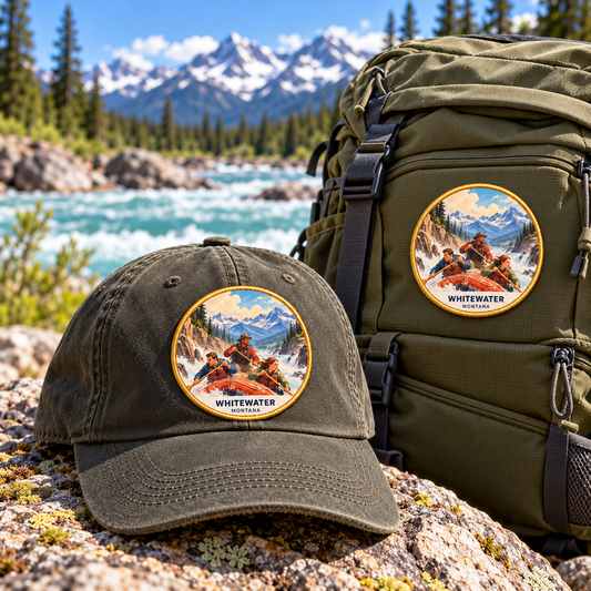 Whitewater Montana Patch - Classic patch shown on a cap and hiking backpack