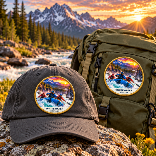 Whitewater Montana Patch - Fusion patch shown on a cap and hiking backpack