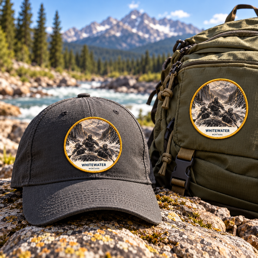 Whitewater Montana Patch - Signature patch shown on a cap and hiking backpack