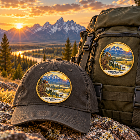 Wildlife Safari Montana Patch - Classic patch shown on a cap and hiking backpack
