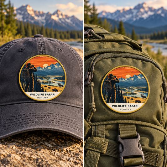 Wildlife Safari Montana Patch - Retro shown on a cap and backpack