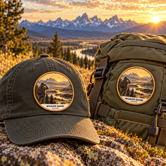 Wildlife Safari Montana Patch - Signature patch shown on a cap and hiking backpack