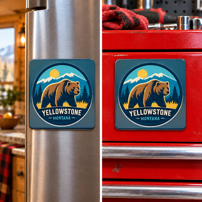Yellowstone — Grizzly Magnet, square magnet displayed on a refrigerator and toolbox