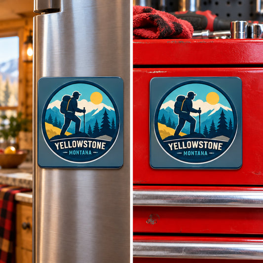 Yellowstone — Hiking Magnet, square magnet displayed on a refrigerator and toolbox