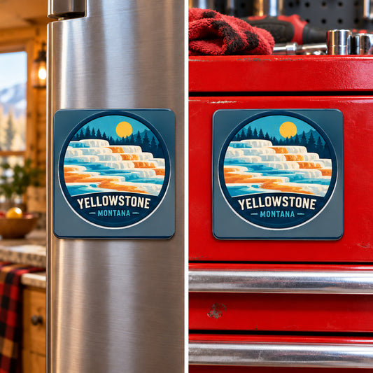 Yellowstone — Mammoth Hot Springs Magnet, square magnet displayed on a refrigerator and toolbox