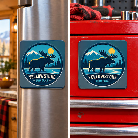 Yellowstone — Moose Magnet, square magnet displayed on a refrigerator and toolbox