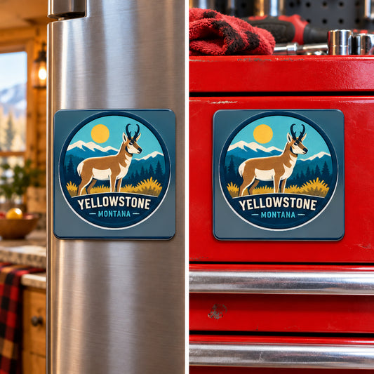 Yellowstone — Pronghorn Magnet, square magnet displayed on a refrigerator and toolbox