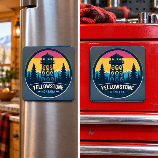 Yellowstone — Ranger Tower Magnet, square magnet displayed on a refrigerator and toolbox