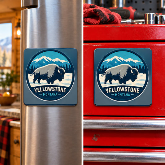 Yellowstone — Winter Bison Magnet, square magnet displayed on a refrigerator and toolbox