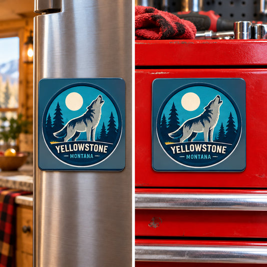 Yellowstone — Wolf Magnet, square magnet displayed on a refrigerator and toolbox