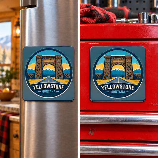 Yellowstone — Yellowstone Entrance Magnet, square magnet displayed on a refrigerator and toolbox