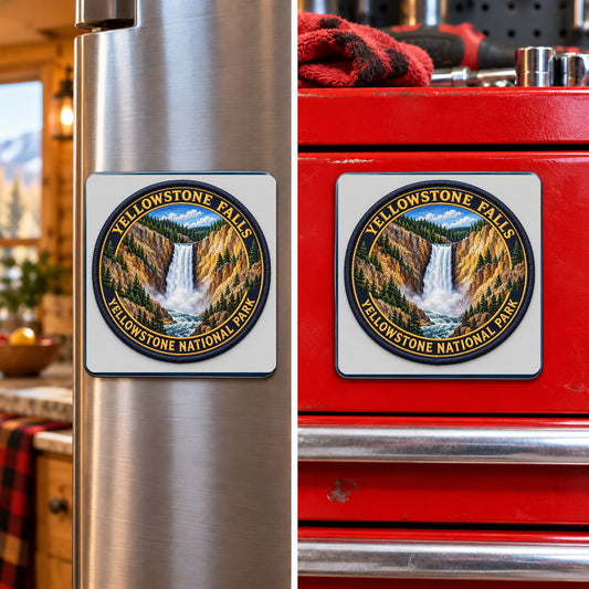 Yellowstone — Yellowstone Falls Magnet, square magnet displayed on a refrigerator and toolbox