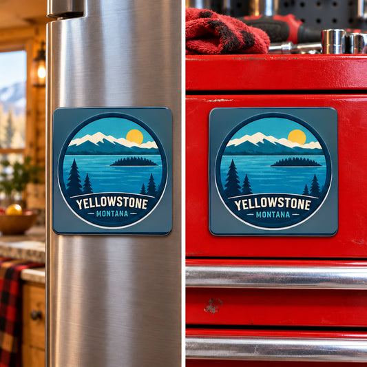 Yellowstone — Yellowstone Lake Magnet, square magnet displayed on a refrigerator and toolbox