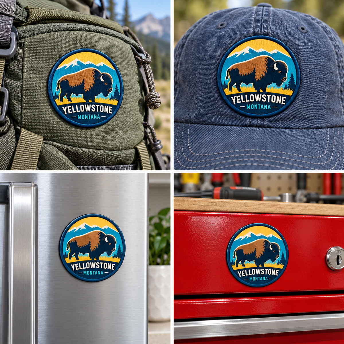 Yellowstone — Bison UV 3D: patch on hiking backpack and cap, magnet on refrigerator and toolbox.