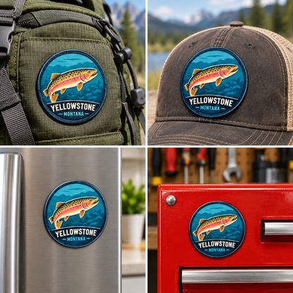 Yellowstone — Cutthroat Trout UV 3D: patch on hiking backpack and cap, magnet on refrigerator and toolbox.