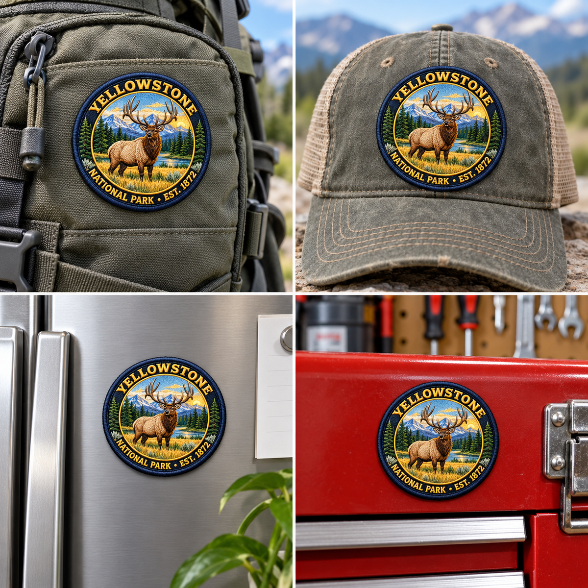 Yellowstone — Elk UV 3D: patch on hiking backpack and cap, magnet on refrigerator and toolbox.