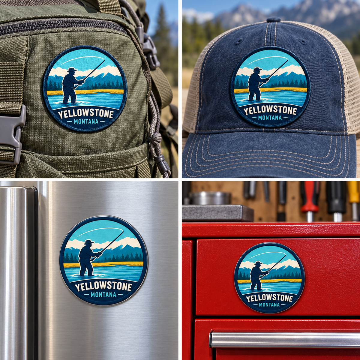 Yellowstone — Fly Fisherman UV 3D: patch on hiking backpack and cap, magnet on refrigerator and toolbox.