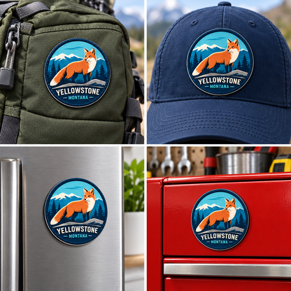 Yellowstone — Fox UV 3D: patch on hiking backpack and cap, magnet on refrigerator and toolbox.