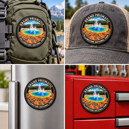 Yellowstone — Grand Prismatic UV 3D: patch on hiking backpack and cap, magnet on refrigerator and toolbox.