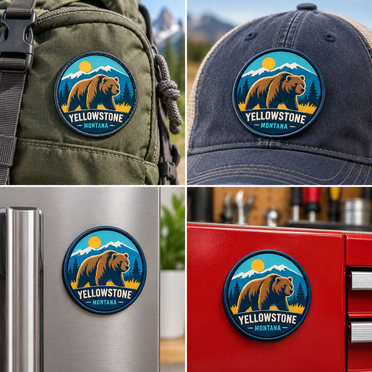 Yellowstone — Grizzly UV 3D: patch on hiking backpack and cap, magnet on refrigerator and toolbox.