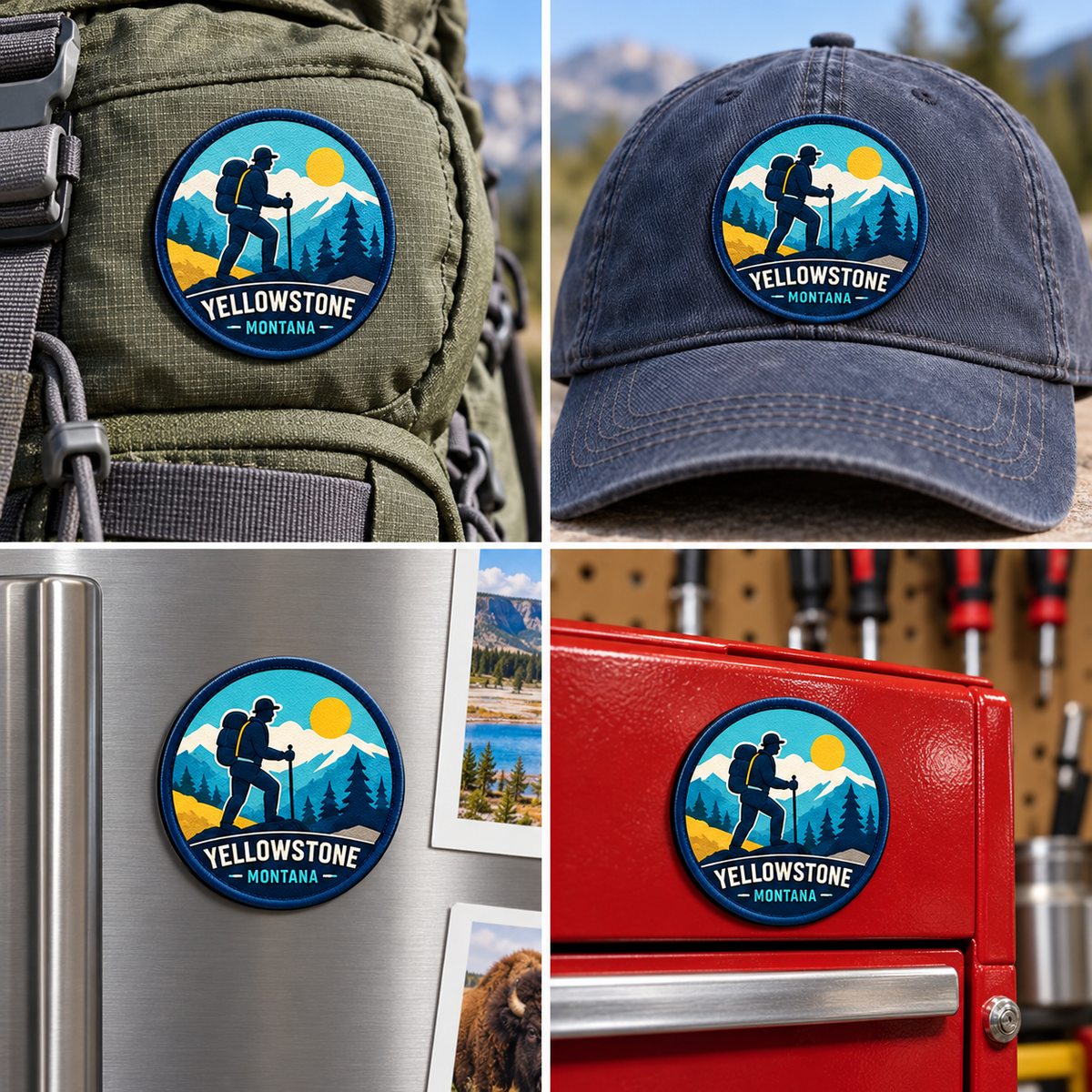Yellowstone — Hiking UV 3D: patch on hiking backpack and cap, magnet on refrigerator and toolbox.