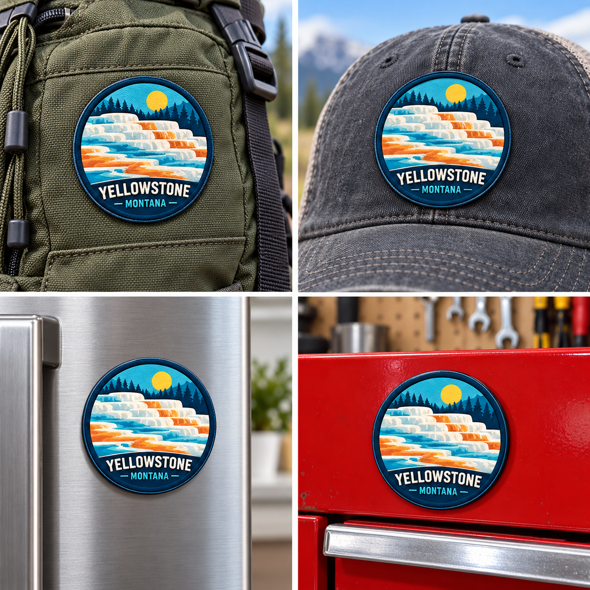 Yellowstone — Mammoth Hot Springs UV 3D: patch on hiking backpack and cap, magnet on refrigerator and toolbox.