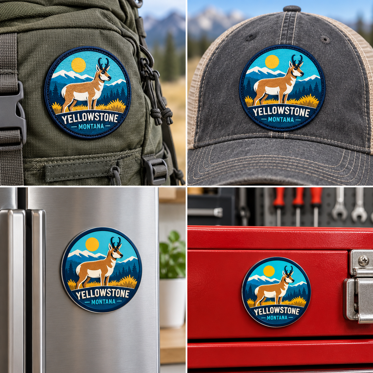 Yellowstone — Pronghorn UV 3D: patch on hiking backpack and cap, magnet on refrigerator and toolbox.