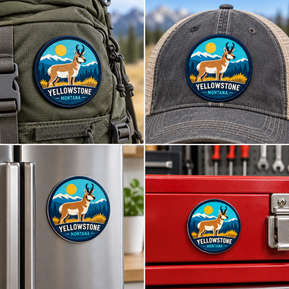 Yellowstone — Pronghorn UV 3D: patch on hiking backpack and cap, magnet on refrigerator and toolbox.