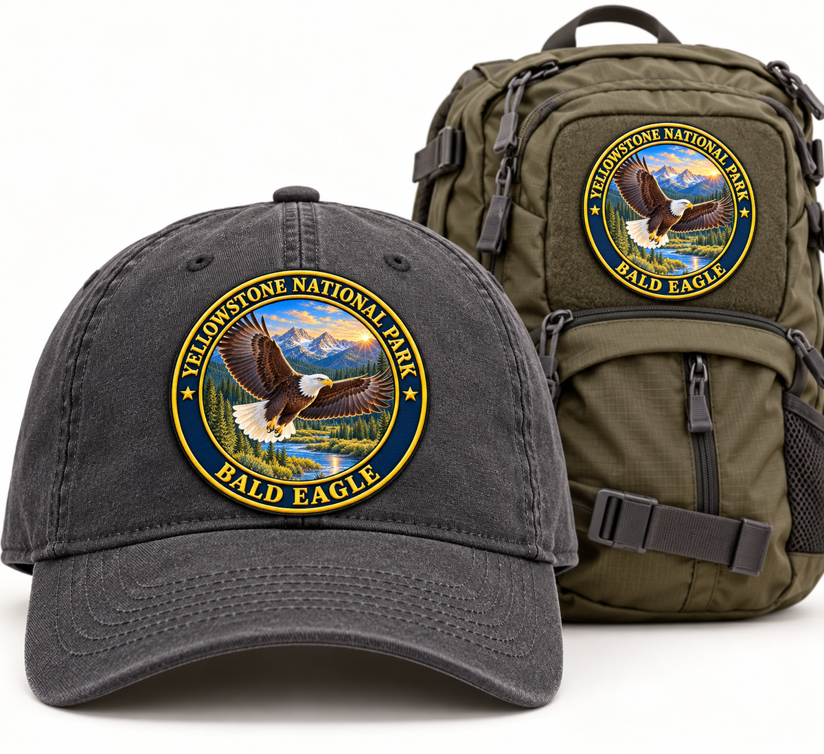 Yellowstone bald eagle round patch on a cap and backpack