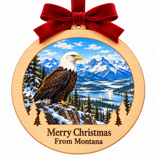 Yellowstone Bald Eagle Light-Up Ornament with locked pale wood frame, red bow, evergreen cutouts, and Merry Christmas From Montana plaque