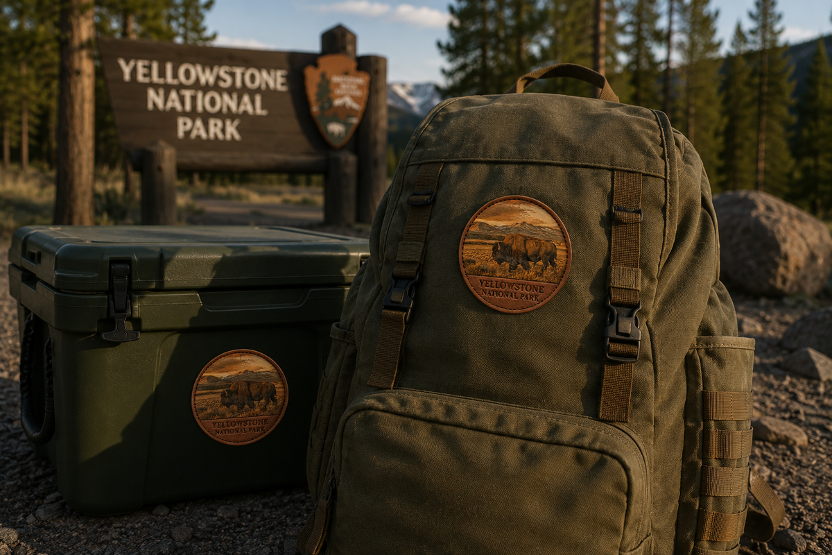 Yellowstone bison collectible patch on backpack and cooler